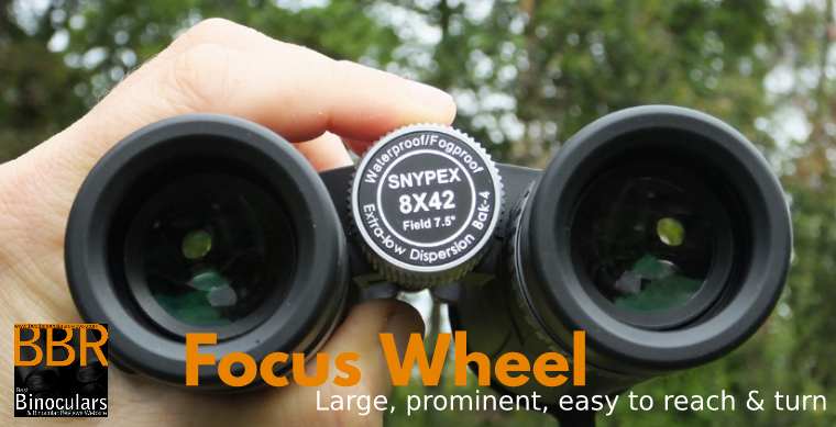 Large, easy to reach central Focus Wheel On the Snypex Knight D-ED 8x42 Binocular