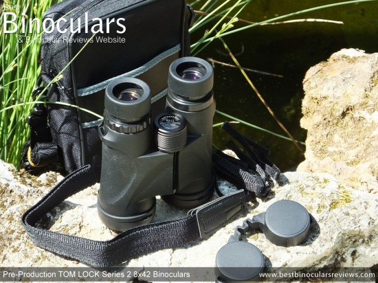 Neck Strap, lens covers and carry case with the Pre-production Tom Lock Series 2 8x42 Binoculars