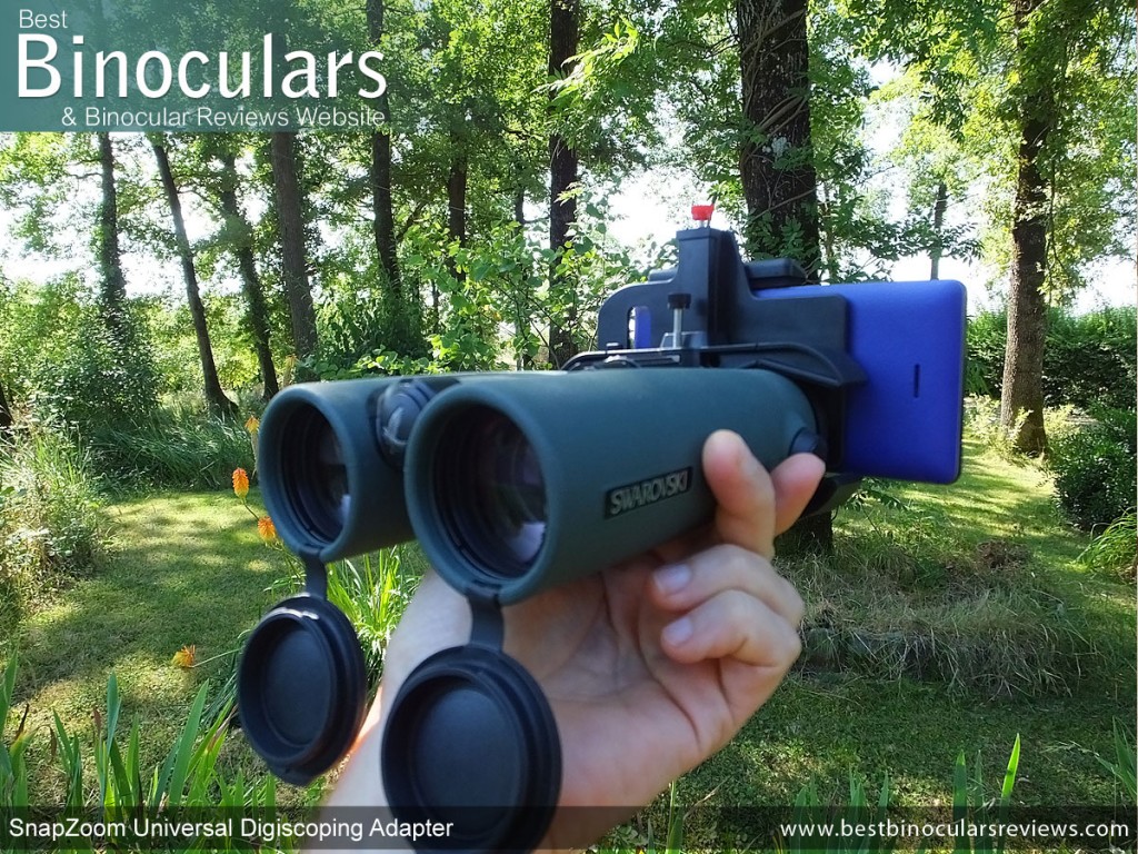 SnapZoom Universal digiscoping Adapter attached to binoculars