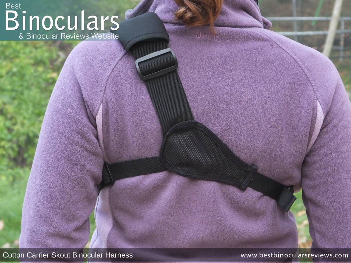Back view of the Cotton Skout Binocular Harness, clearly shows the single shoulder strap sling style design