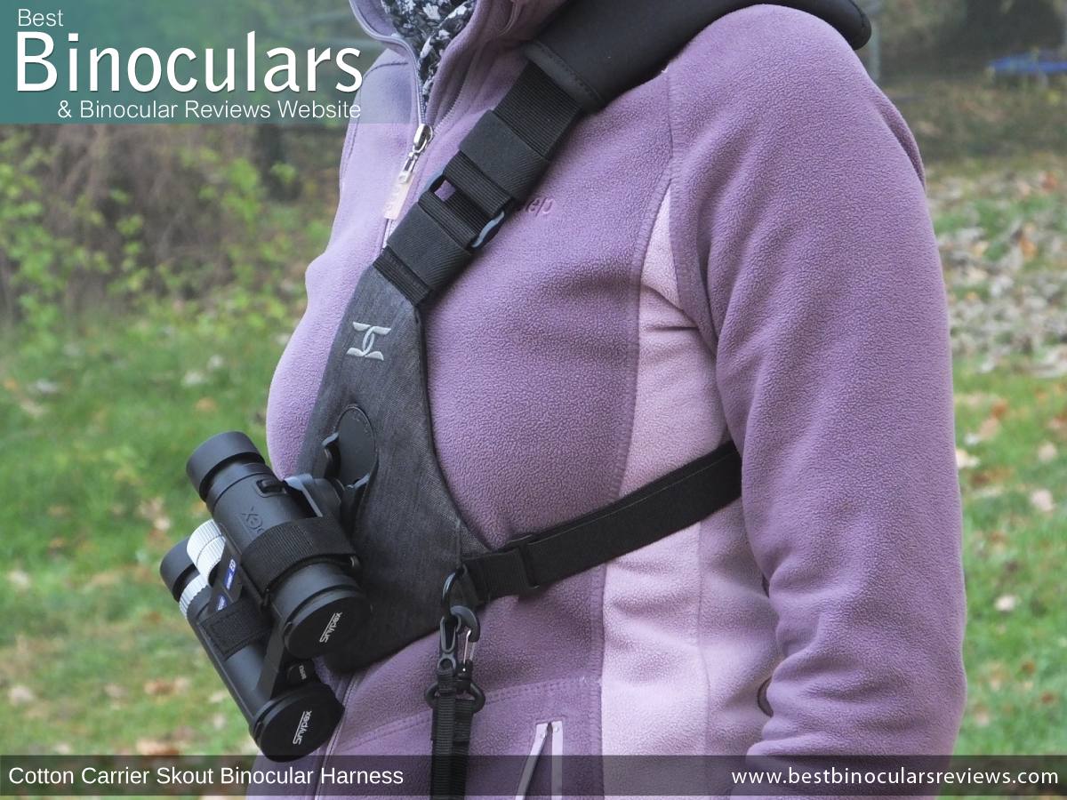 Side view of the Cotton Skout Binocular Harness, demonstrating the single sling style design