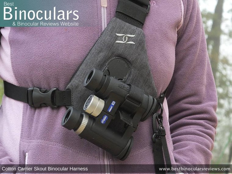 Mid-Sized 8x32 Snypex Knight ED Binoculars on the Cotton Skout Binocular Harness