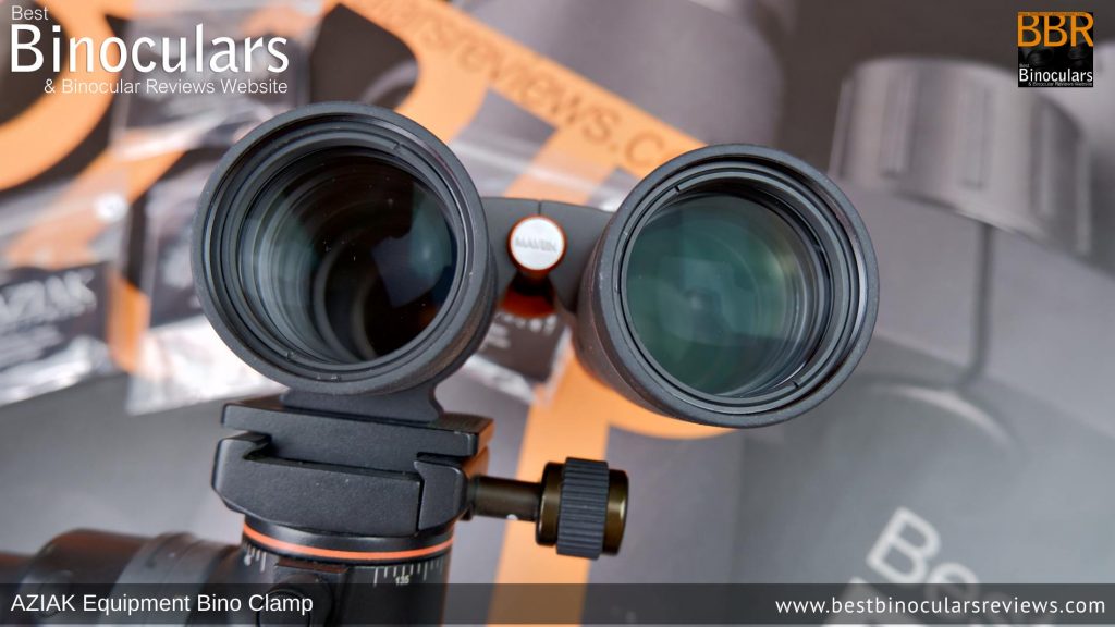 Maven B1.2 10x42 Binoculars attached to a tripod using the AZIAK Equipment Bino Clamp