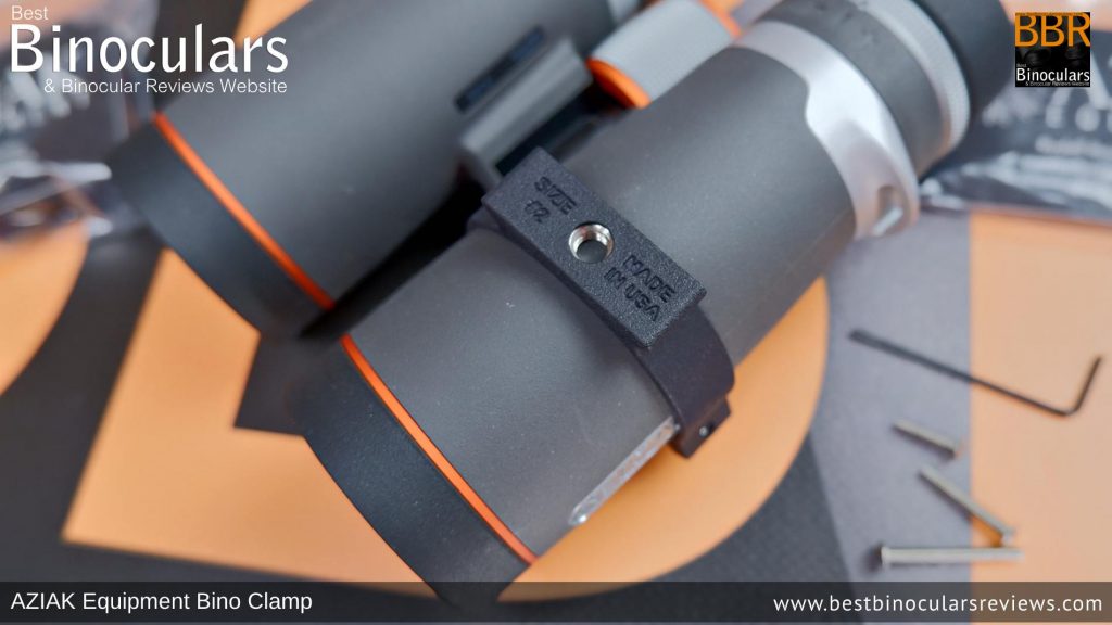 Underside view of the AZIAK Equipment Bino Clamp attached to Binoculars 