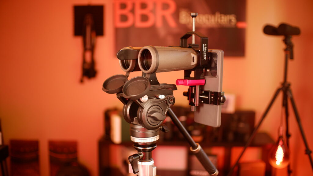 Move Shoot Move TRIDAPTER Smartphone Adapter attached to the Hawke Frontier HD-X 8x42 Binoculars mounted on the Bresser BX-5 PRO Video Tripod using a Tripod Adapter