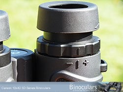 Eyecups and diopter adjustment ring on the Carson 3D 10x42 Binoculars