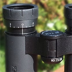 The eyecups and Individual ocular setting on the MINOX BD 7x28 IF Binoculars