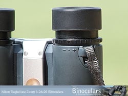 The eyecups and diopter adjustment ring on the Nikon EagleView Zoom 8-24x25 Binoculars