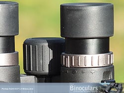 Eyecups, Focusing Wheel and Diopter adjustment ring on the Pentax 9x28 DCF LV binoculars