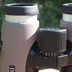 Focusing Wheel, Diopter adjustment and twist-up eyecups on the Swarovski EL 8x32 W B Traveler binoculars