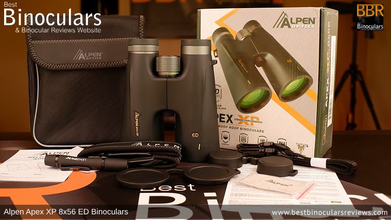 Alpen Apex XP 8x56 ED Binoculars and accessories plus packaging