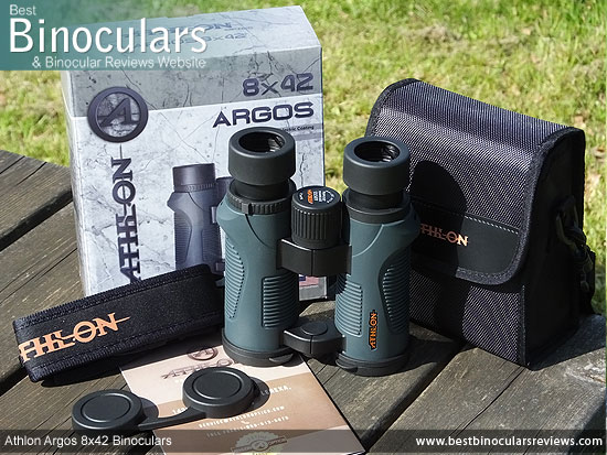 Athlon Argos 8x42 Binoculars with neck strap, carry case and lens covers