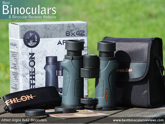 Carry Case, Neck Strap, Cleaning Cloth, Lens Covers & the Athlon Argos 8x42 Binoculars