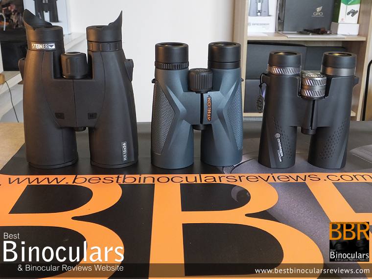 Size Comparison between the 56mm Steiner  15x56 HX, the Athlon Midas 12x50 and the 42mm Bresser Condor 10x42 Binoculars