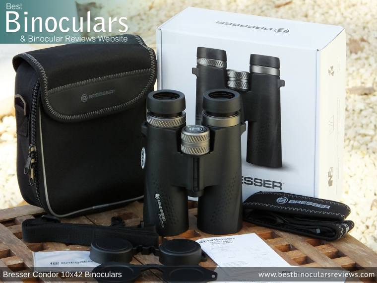 Carry Case, Neck Strap, Cleaning Cloth, Lens Covers & the Bresser Condor 10x42 Binoculars