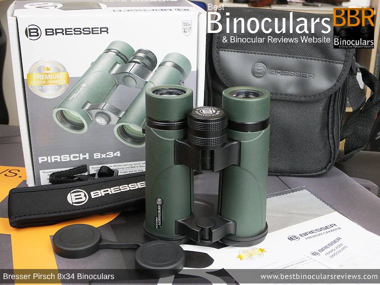 Bresser Pirsch 8x34 Binoculars and accessories plus packaging