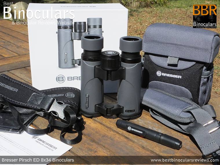 Bresser Pirsch ED 8x34 Binoculars and accessories plus packaging