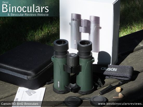 Carson RD 8x42 Binoculars with neck strap, carry case and lens covers