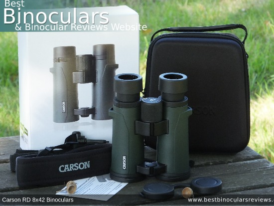 Carry Case, Neck Strap, Cleaning Cloth, Lens Covers & the Carson RD 8x42 Binoculars