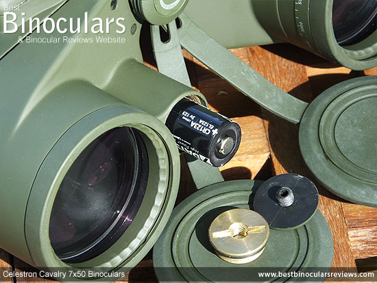 Battery Compartment on the Celestron Cavalry 7x50 Binoculars