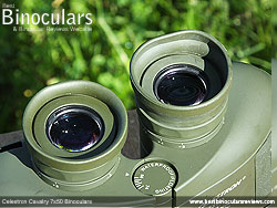 One of the Eyecups half folded down on the Celestron Cavalry 7x50 Binoculars