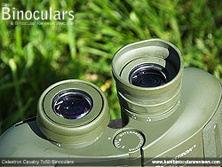 One of the Eyecups fully folded down on the Celestron Cavalry 7x50 Binoculars