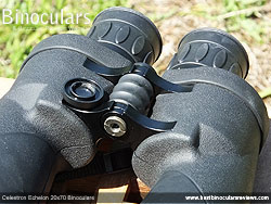 The front dust cap removed on the Celestron Echelon 20x70 Binoculars