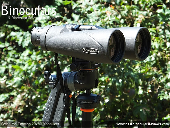 The Celestron Echelon 20x70 Binoculars mounted on a tripod