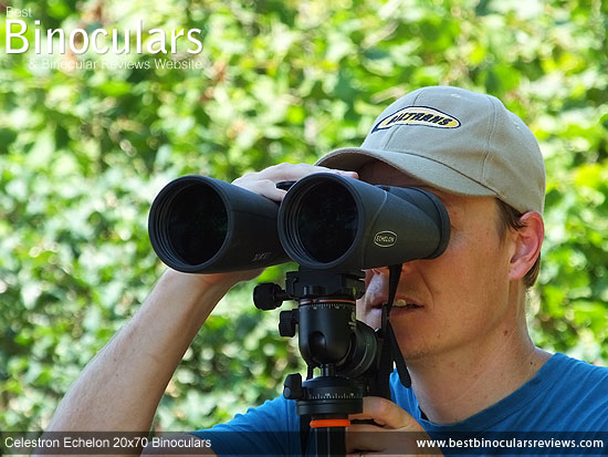 Me using the Celestron Echelon 20x70 Binoculars on a tripod