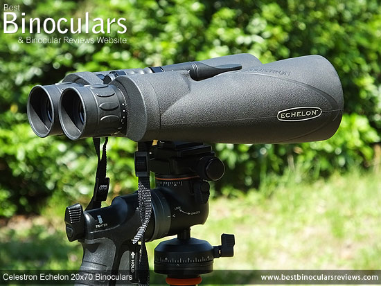 Celestron Echelon 20x70 Binoculars fixed on a tripod using a pistol grip