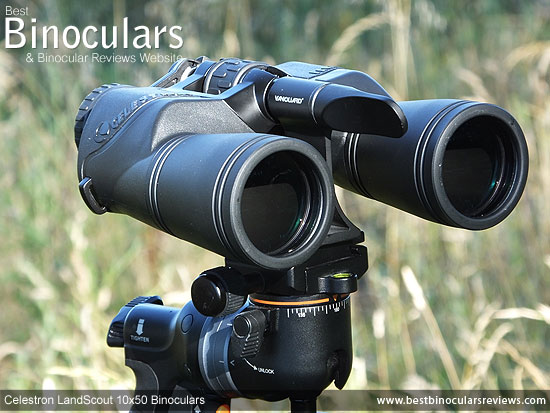 Front view of the Celestron LandScout 10x50 Binoculars mounted on a tripod