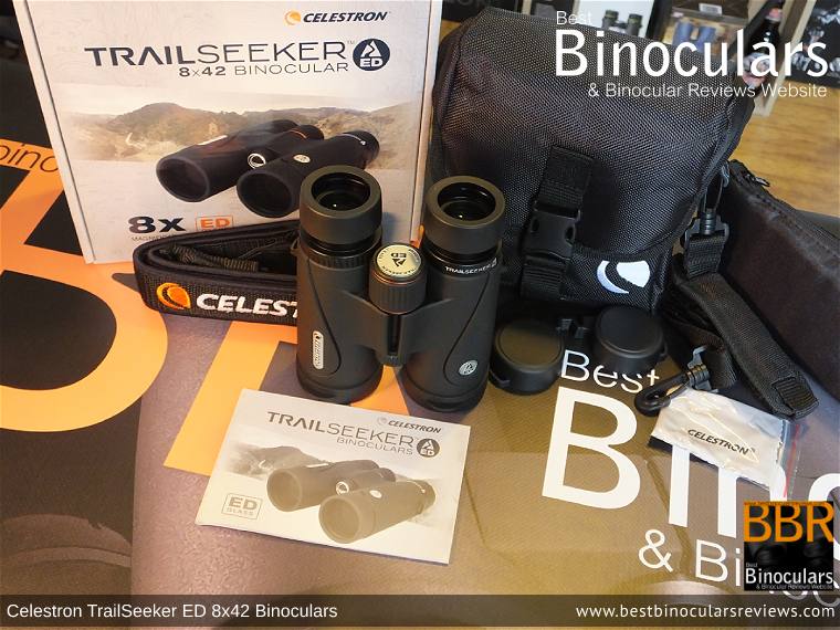 Celestron TrailSeeker ED 8x42 binoculars with neck strap, carry case and lens covers