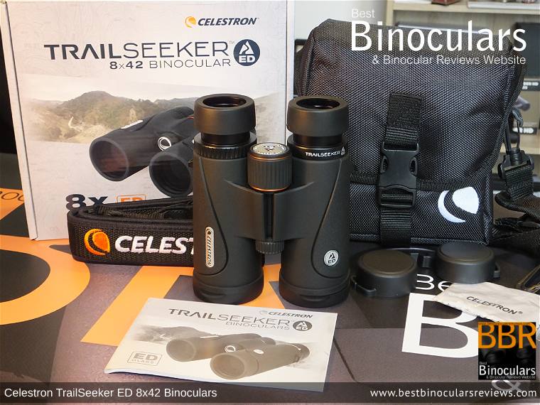 Carry Case, Neck Strap, Cleaning Cloth, Lens Covers & the Celestron TrailSeeker ED 8x42 binoculars