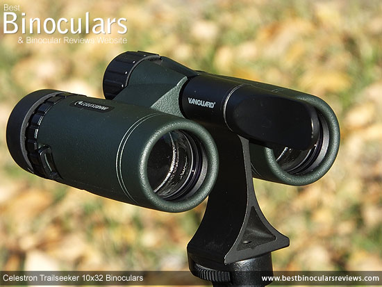 Celestron Trailseeker 10x32 Binoculars mounted on a tripod