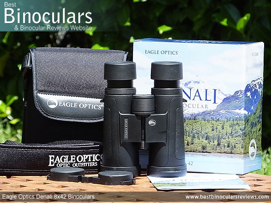 Carry Case, Neck Strap, Cleaning Cloth, Lens Covers & the Eagle Optics Denali 8x42 Binoculars