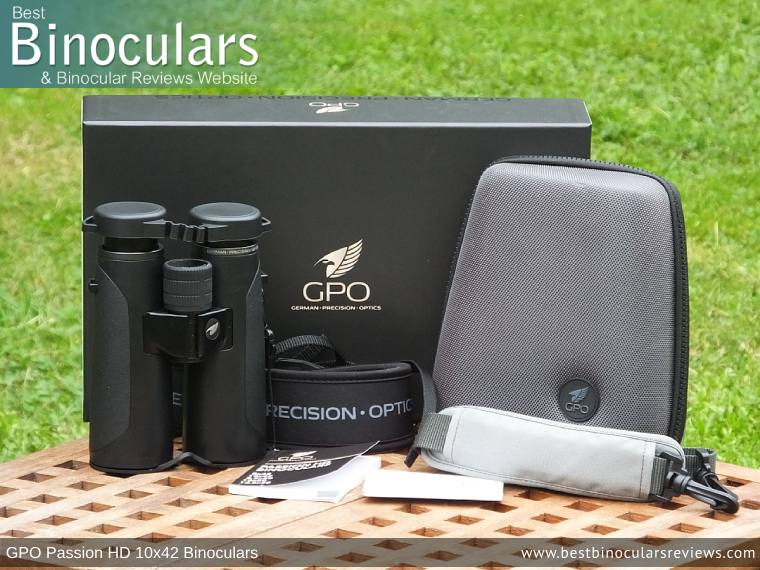 Carry Case, Neck Strap, Cleaning Cloth, Lens Covers & the GPO Passion HD 10x42 Binoculars