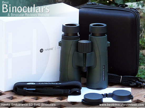 Carry Case, Neck Strap, Cleaning Cloth, Lens Covers & the Hawke Endurance ED 8x42 Binoculars