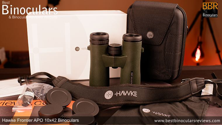 Hawke Frontier APO 10x42 Binoculars in their box with carry bag