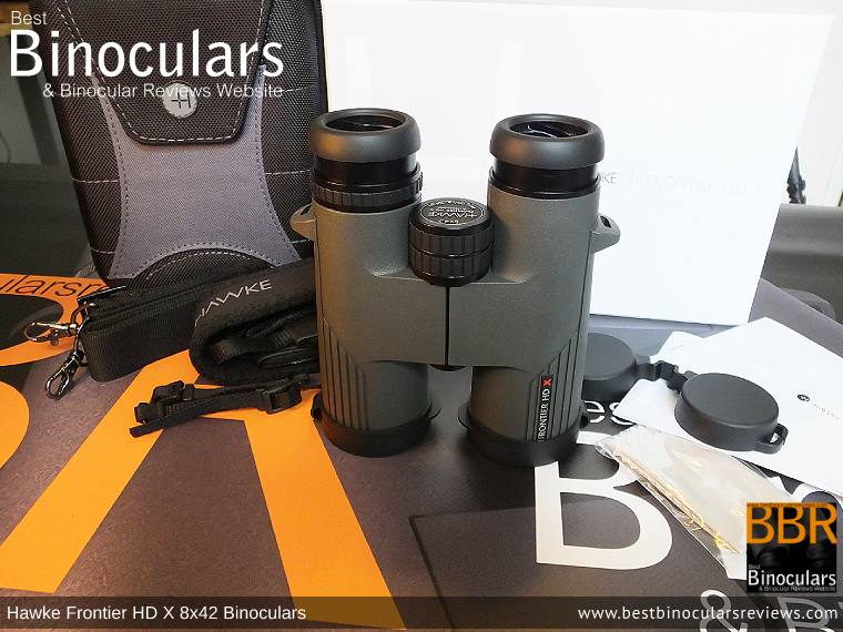 Hawke Frontier 8x42 HD X Binoculars with neck strap, carry case and lens covers