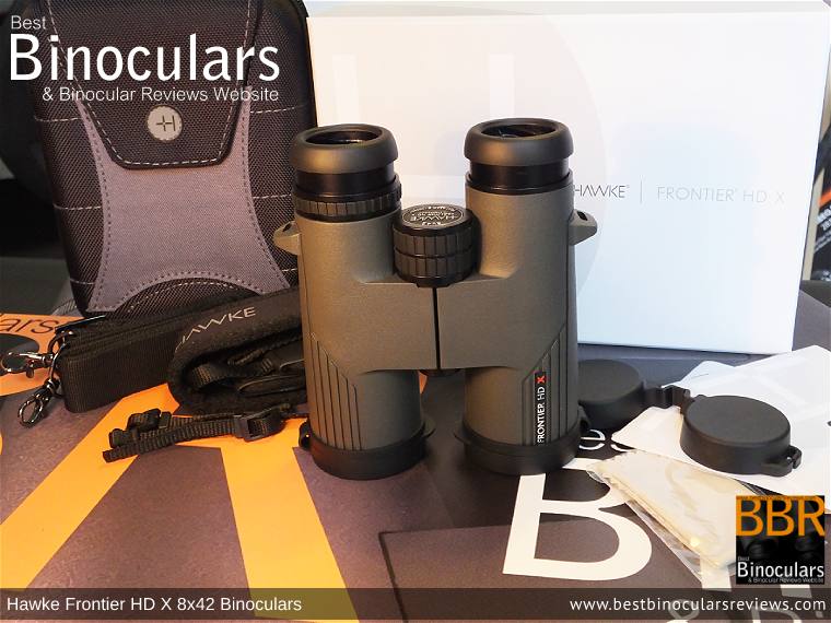 Carry Case, Neck Strap, Cleaning Cloth, Lens Covers & the Hawke Frontier 8x42 HD X Binoculars