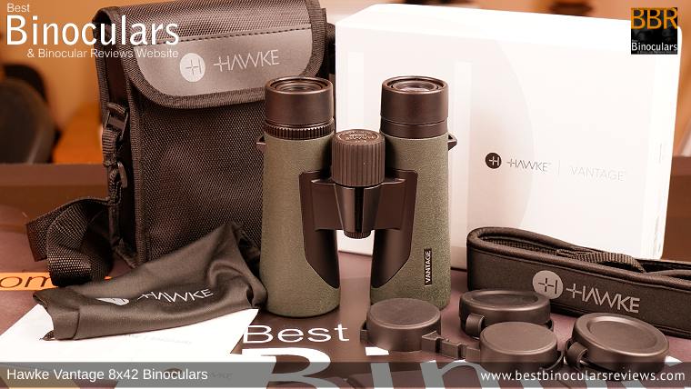 Carry Case, Neck Strap, Cleaning Cloth, Lens Covers & the Hawke Vantage 8x42 Binoculars