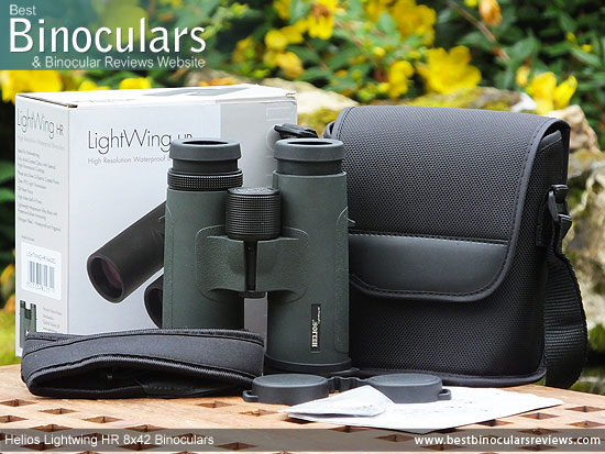 Carry Case, Neck Strap, Cleaning Cloth, Lens Covers & the the Helios Lightwing HR 8x42 Binoculars