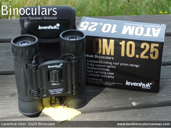 Levenhuk Atom 10x25 Binoculars with neck strap and case