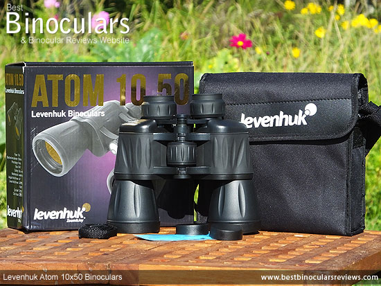 Levenhuk Atom 10x50 Binoculars with neck strap, carry case, cleaning cloth & lens covers