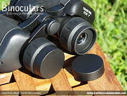 Eyepiece covers on the Levenhuk Atom 10x50 Binoculars