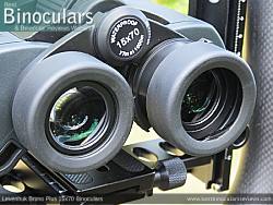 Fold-down eyecups on the Levenhuk Bruno Plus 15x70 Binoculars