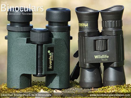 Size comparison between a folded double hinge roof prism Compact and the duel hinge Levenhuk Energy PLUS binoculars