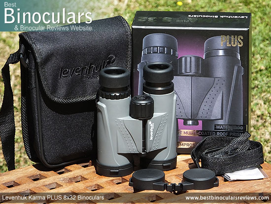 Levenhuk Karma PLUS 8x32 Binoculars and accessories plus packaging