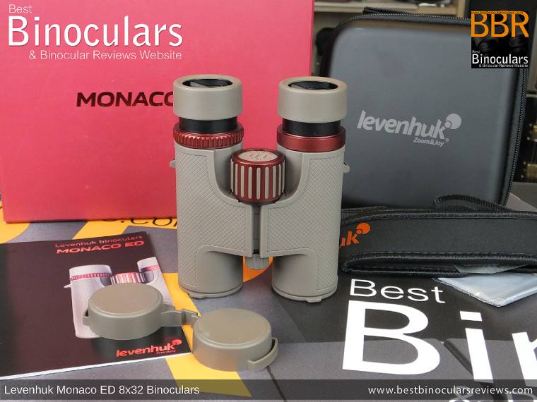 Levenhuk Monaco ED 8x32 Binoculars and accessories plus packaging