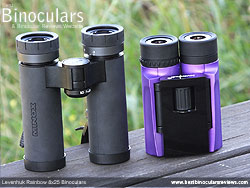 Size comparison between a single hinge roof prism Compact and the double hinge Levenhuk Rainbow binoculars